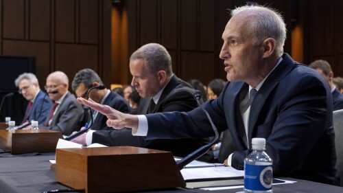 Matt Olsen, Assistant Attorney General of the National Security Division of the Department of Justice, right, testifies with, from far left, Chris Fonzone, General Counsel at the Office of the Director of National Intelligence, George Barnes, Deputy Director of the National Security Agency (NSA), David Cohen, Deputy Director of the Central Intelligence Agency (CIA), and Paul Abbate, Deputy Director of the Federal Bureau of Investigation (FBI), during a Senate Judiciary Oversight Committee hearing to examine Section 702 of the Foreign Intelligence Surveillance Act and related surveillance authorities, Tuesday, June 13, 2023, on Capitol Hill in Washington. (AP Photo/Jacquelyn Martin)